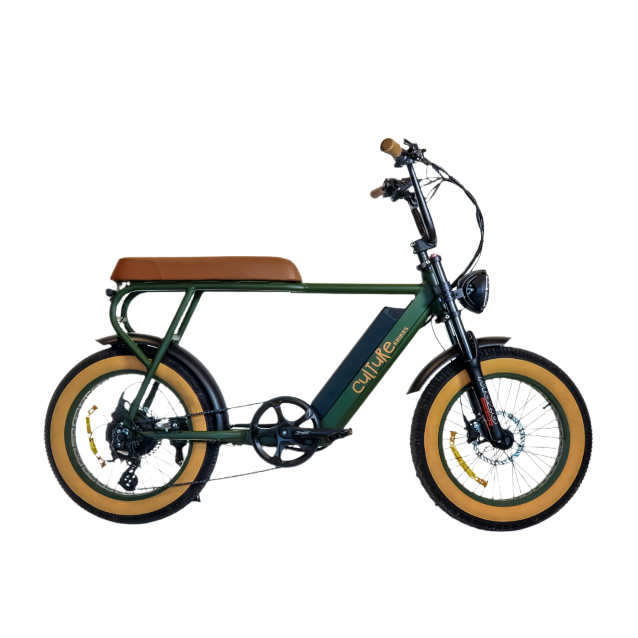 Electric E-Bike by Culture Ebikes in Army Green with brown saddle and grips, brown all-terrain, puncture-resistant fat tires, size 20 X 4.0 inch gum-wall fat tires