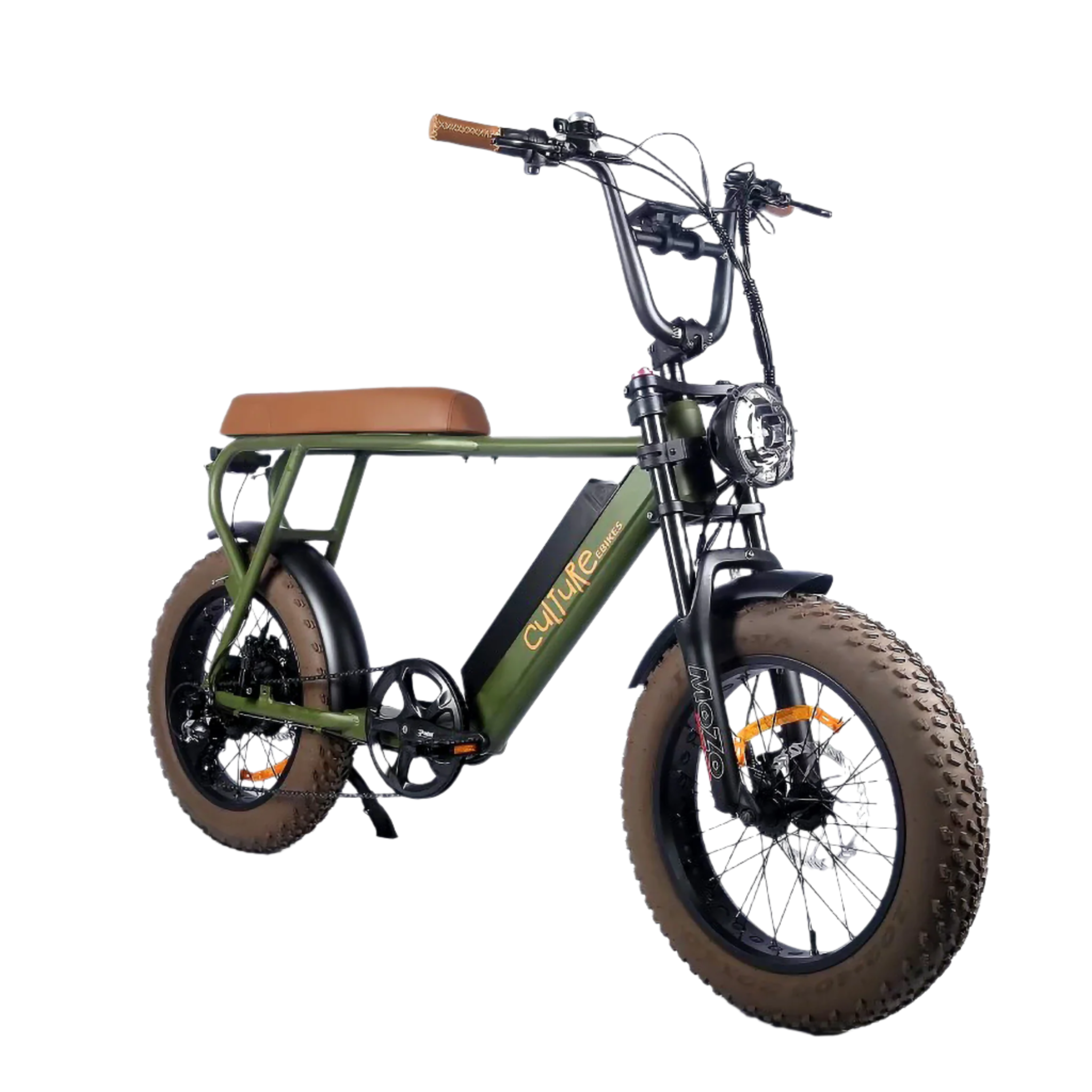 Electric E-Bike by Culture Ebikes in Army Green with brown seat and brown all-terrain, puncture-resistant fat tires size 20 X 4.0 inch