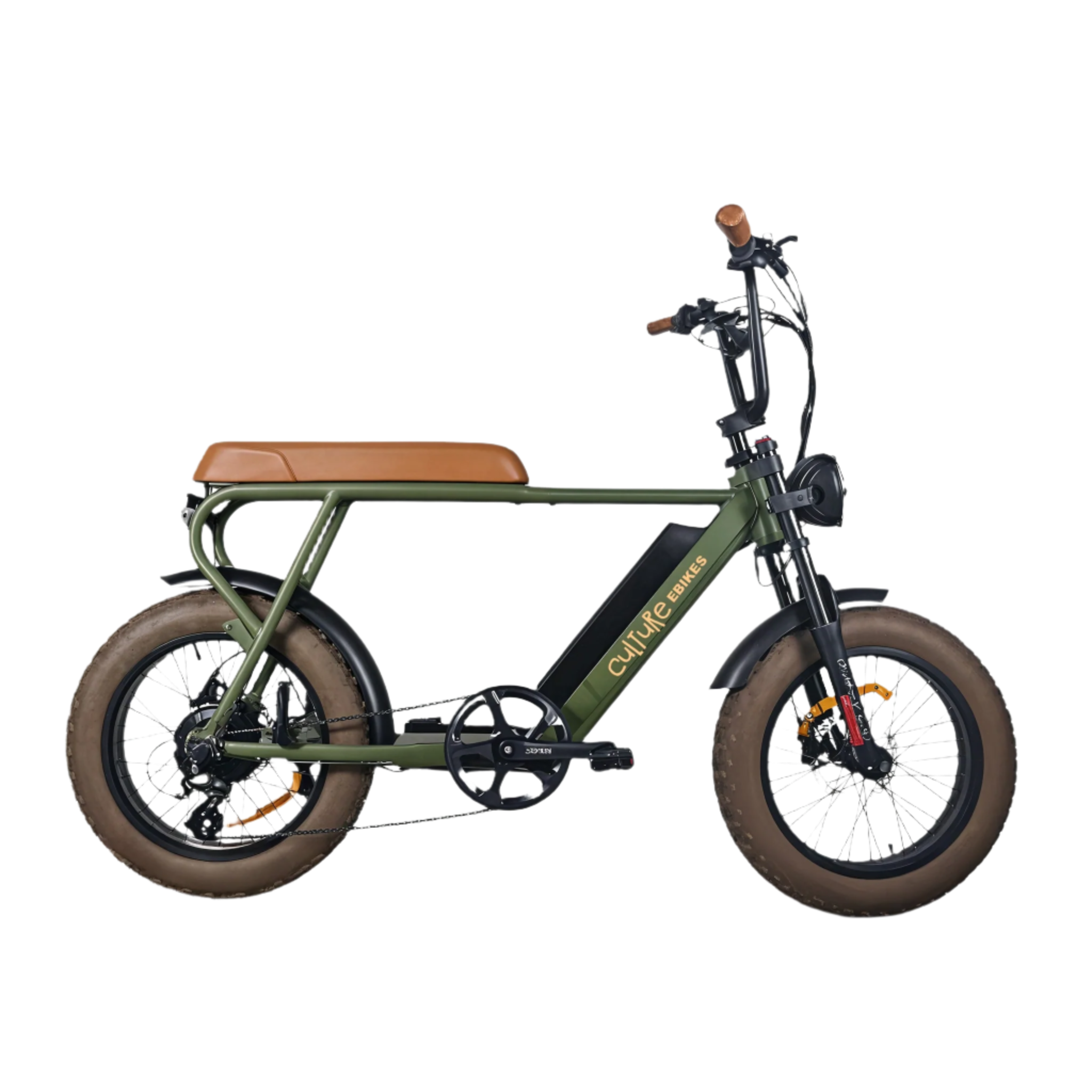 Electric E-Bike by Culture Ebikes in Army Green with brown saddle and grips, brown all-terrain, puncture-resistant fat tires, size 20 X 4.0 inch gum-wall fat tires