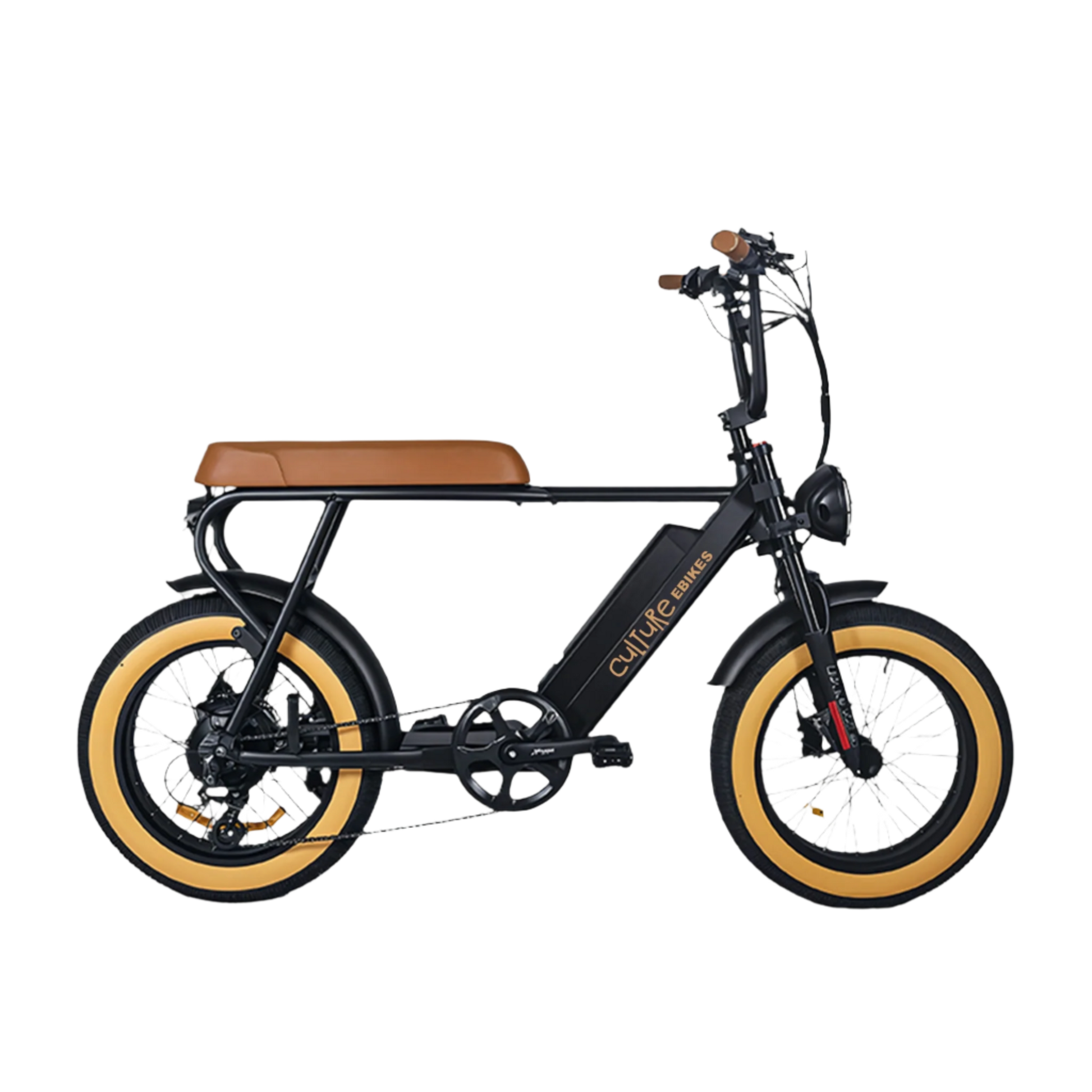 Electric E-Bike by Culture Ebikes in Black with brown saddle and grips, brown all-terrain, puncture-resistant fat tires, size 20 X 4.0 inch gum-wall fat tires