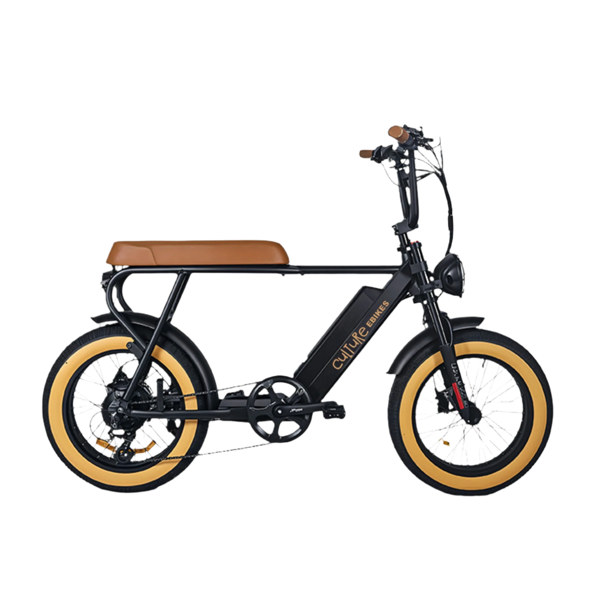 Electric E-Bike by Culture Ebikes in Black with brown saddle and grips, brown all-terrain, puncture-resistant fat tires, size 20 X 4.0 inch gum-wall fat tires