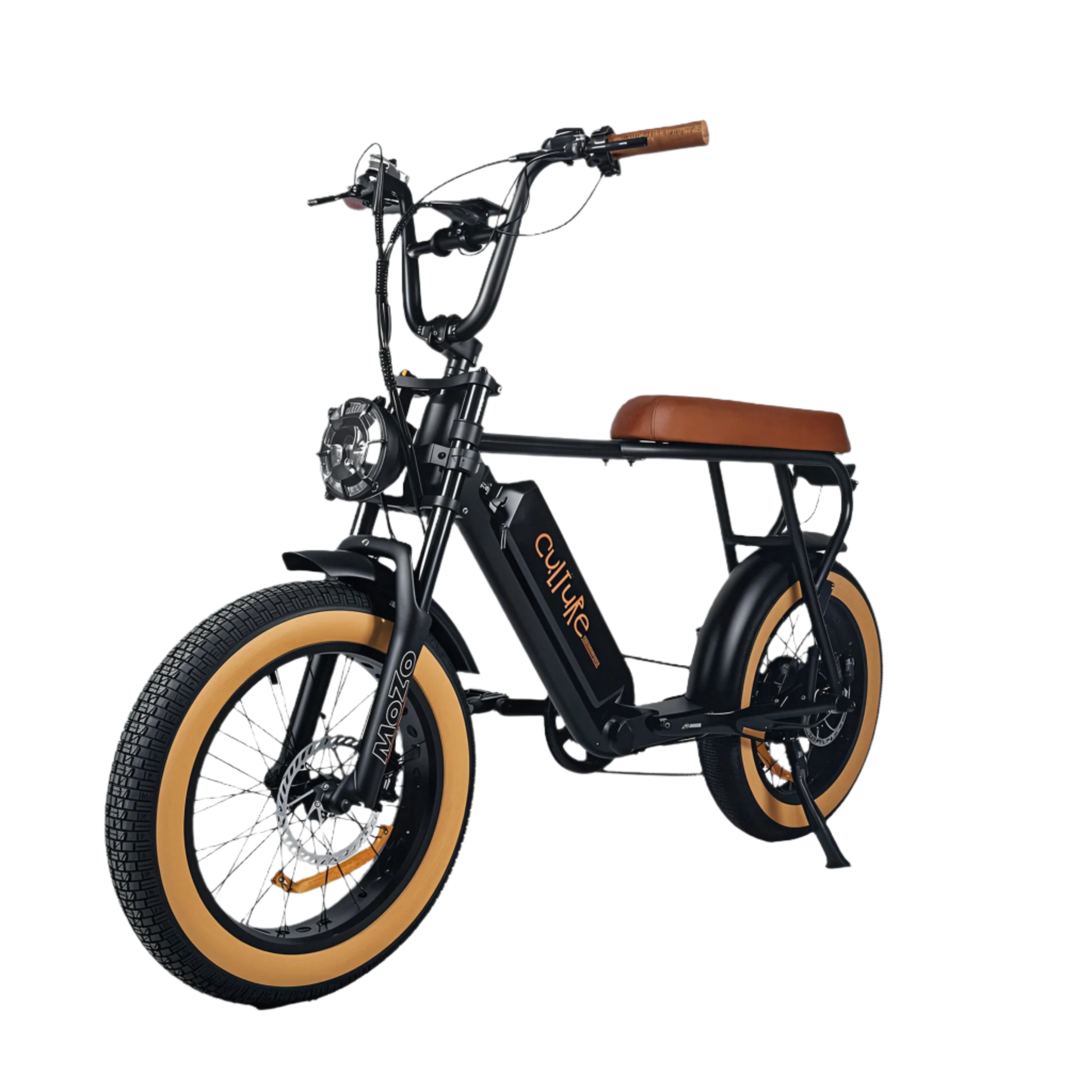 Electric E-Bike by Culture Ebikes in Black with brown saddle and grips, brown all-terrain, puncture-resistant fat tires, size 20 X 4.0 inch gum-wall fat tires