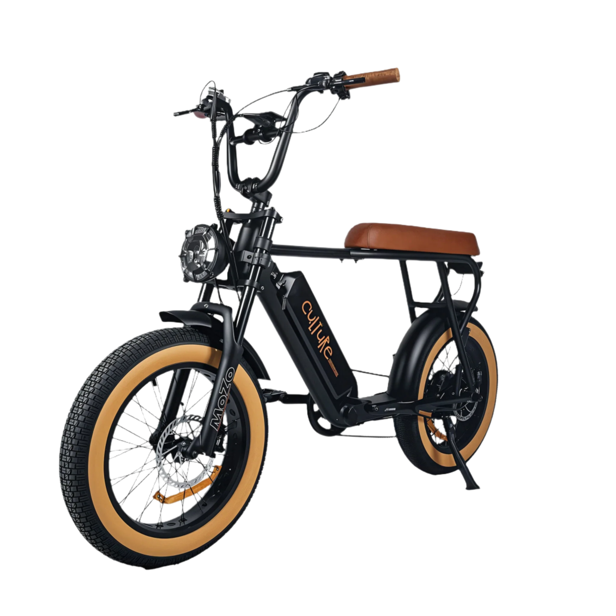 Electric E-Bike by Culture Ebikes in Black with brown saddle and grips, brown all-terrain, puncture-resistant fat tires, size 20 X 4.0 inch gum-wall fat tires