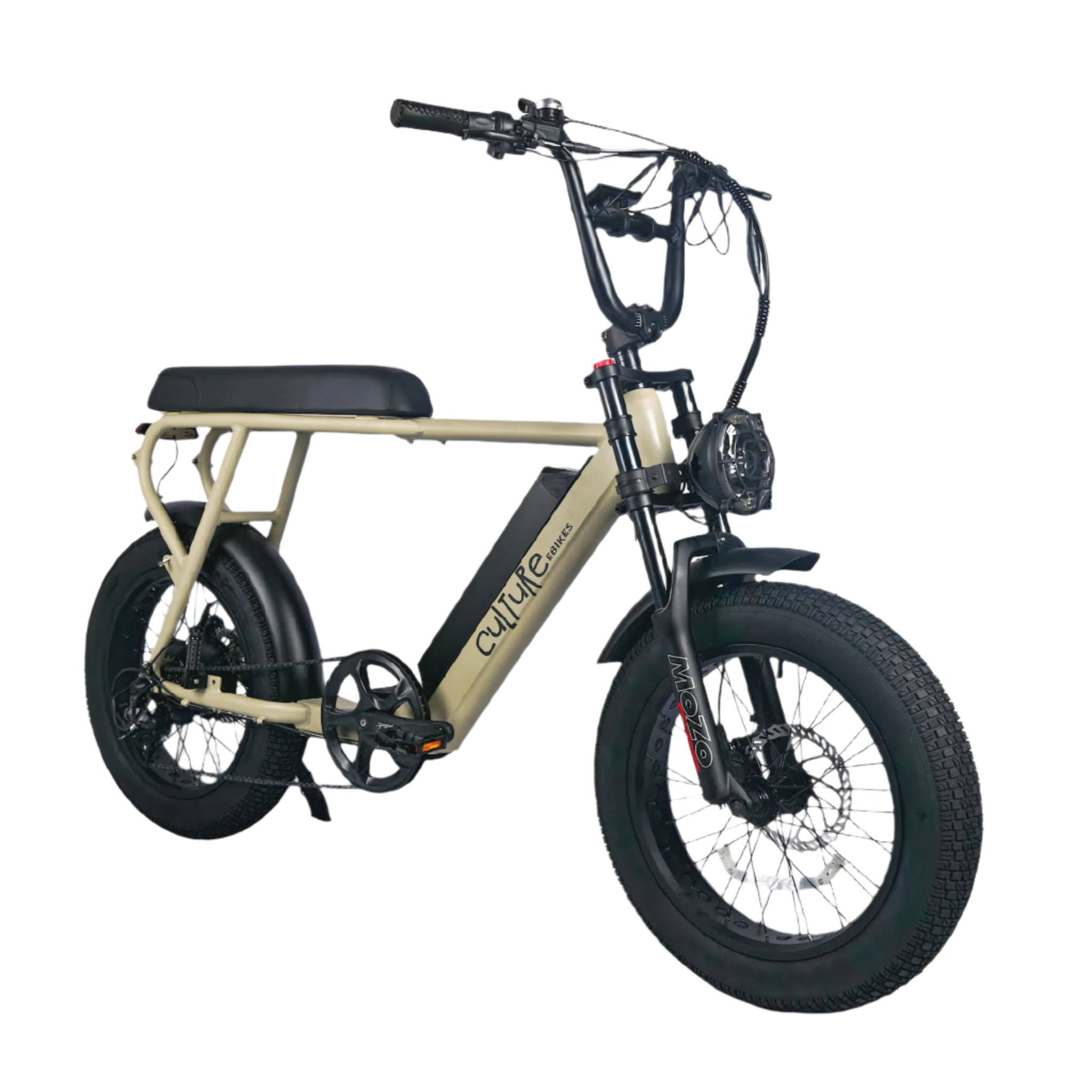 Electric E-Bike by Culture Ebikes in Tan with black saddle and grips, black all-terrain, puncture-resistant fat tires, size 20 X 4.0 inch 