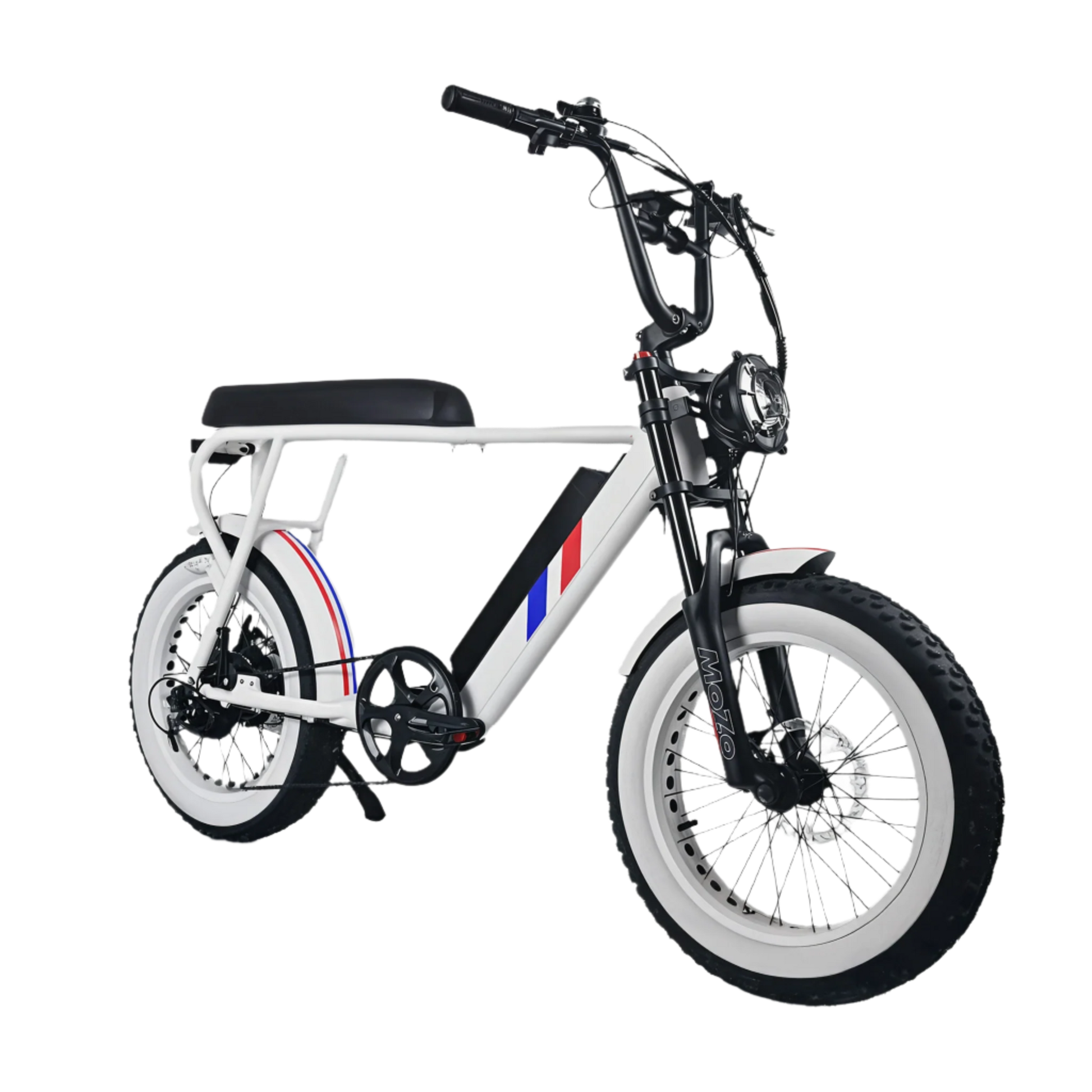 Electric E-Bike by Culture Ebikes in White with a red and blue stripe on the down-bar. Whitewall 20 inch by 4 inch puncture-resistant fat tires.