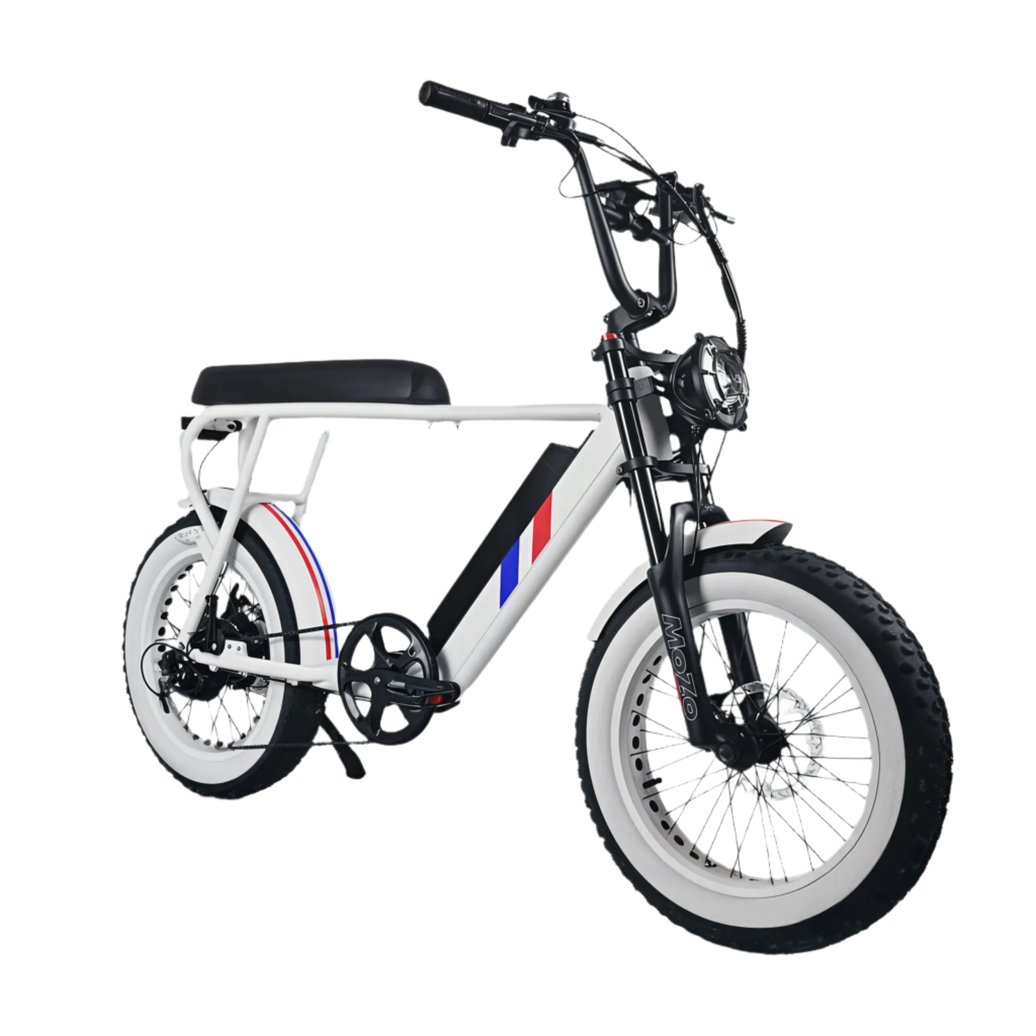 Electric E-Bike by Culture Ebikes in White with a red and blue stripe on the down-bar. Whitewall 20 inch by 4 inch puncture-resistant fat tires.