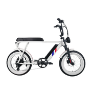 Electric E-Bike by Culture Ebikes in White with a red and blue stripe on the down-bar. Whitewall 20 inch by 4 inch puncture-resistant fat tires.