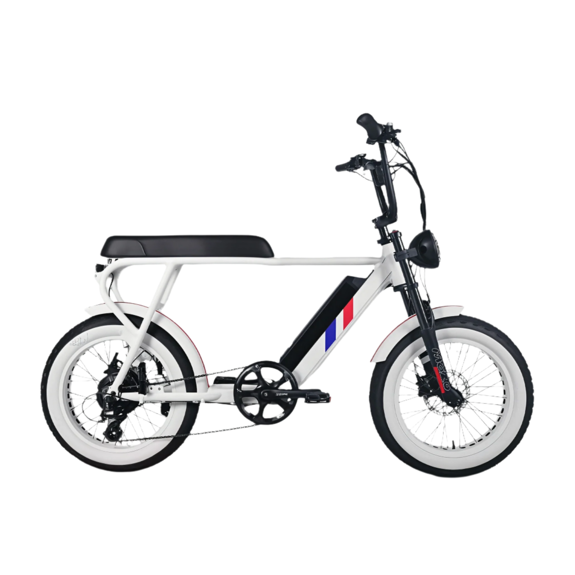Electric E-Bike by Culture Ebikes in White with a red and blue stripe on the down-bar. Whitewall 20 inch by 4 inch puncture-resistant fat tires.