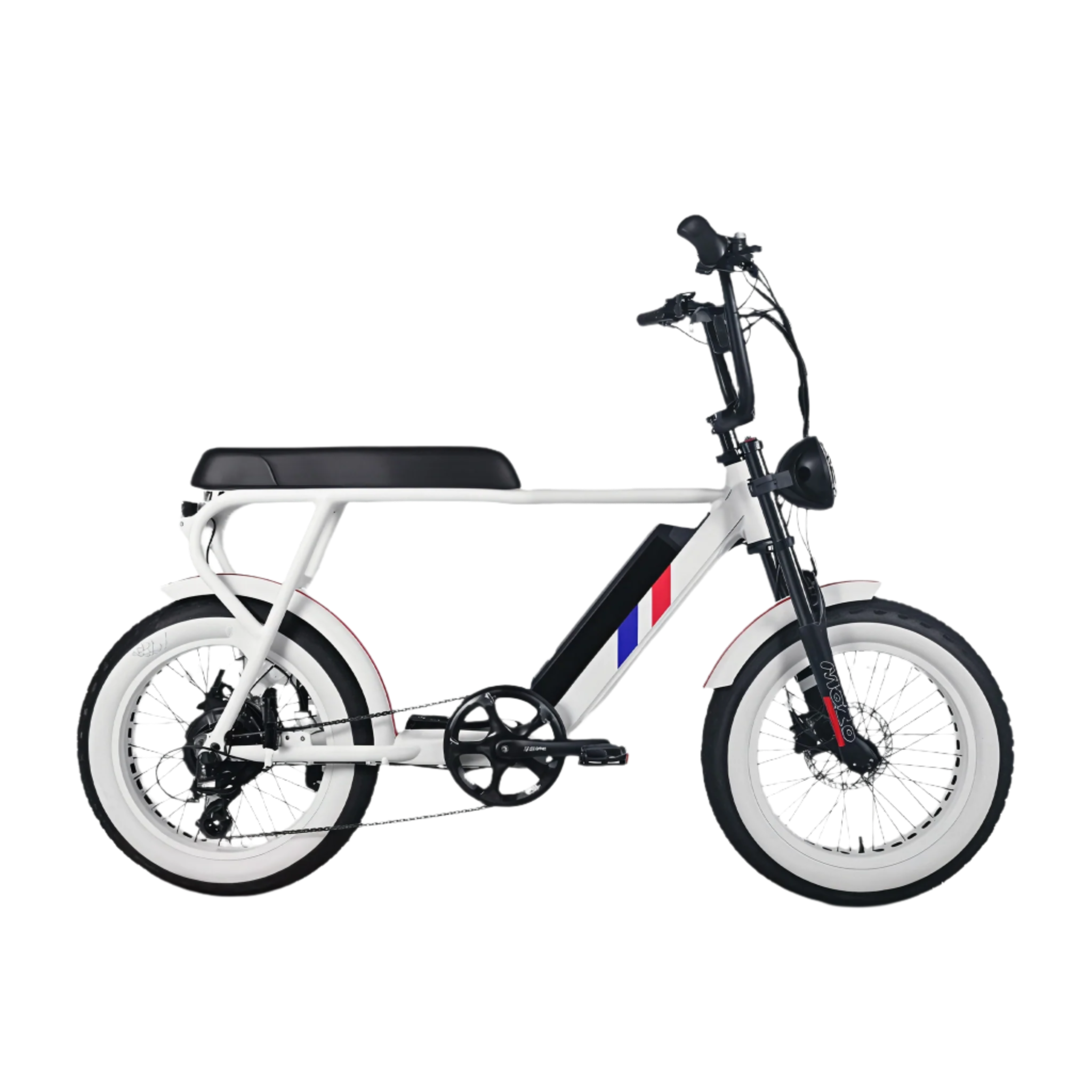 Electric E-Bike by Culture Ebikes in White with a red and blue stripe on the down-bar. Whitewall 20 inch by 4 inch puncture-resistant fat tires.