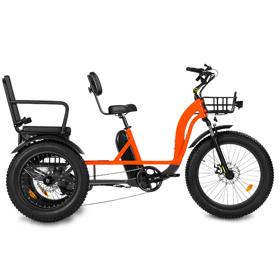 Orange tricycle with black seats on a white background