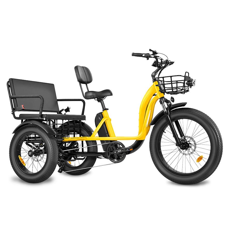 Yellow electric trike with black seats and basket on a white background