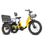 Yellow electric trike with black seats and basket on a white background