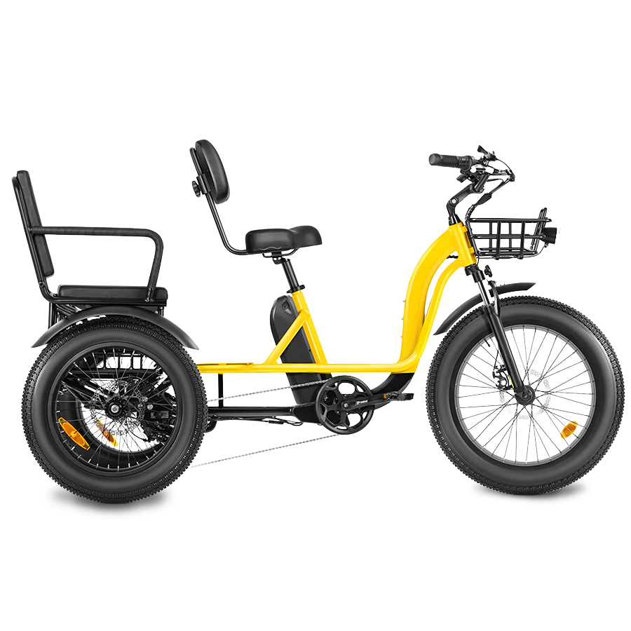 Yellow lectric trike tricycle with a basket on a white background
