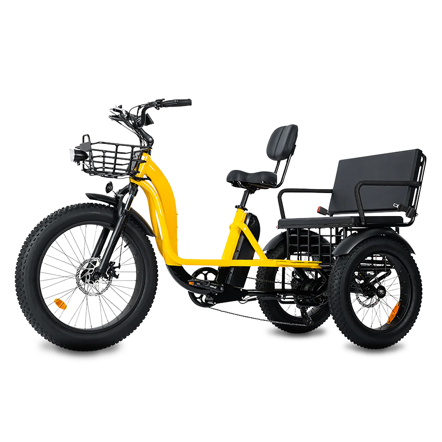 Yellow electric tricycle with a black seat and basket on a white background